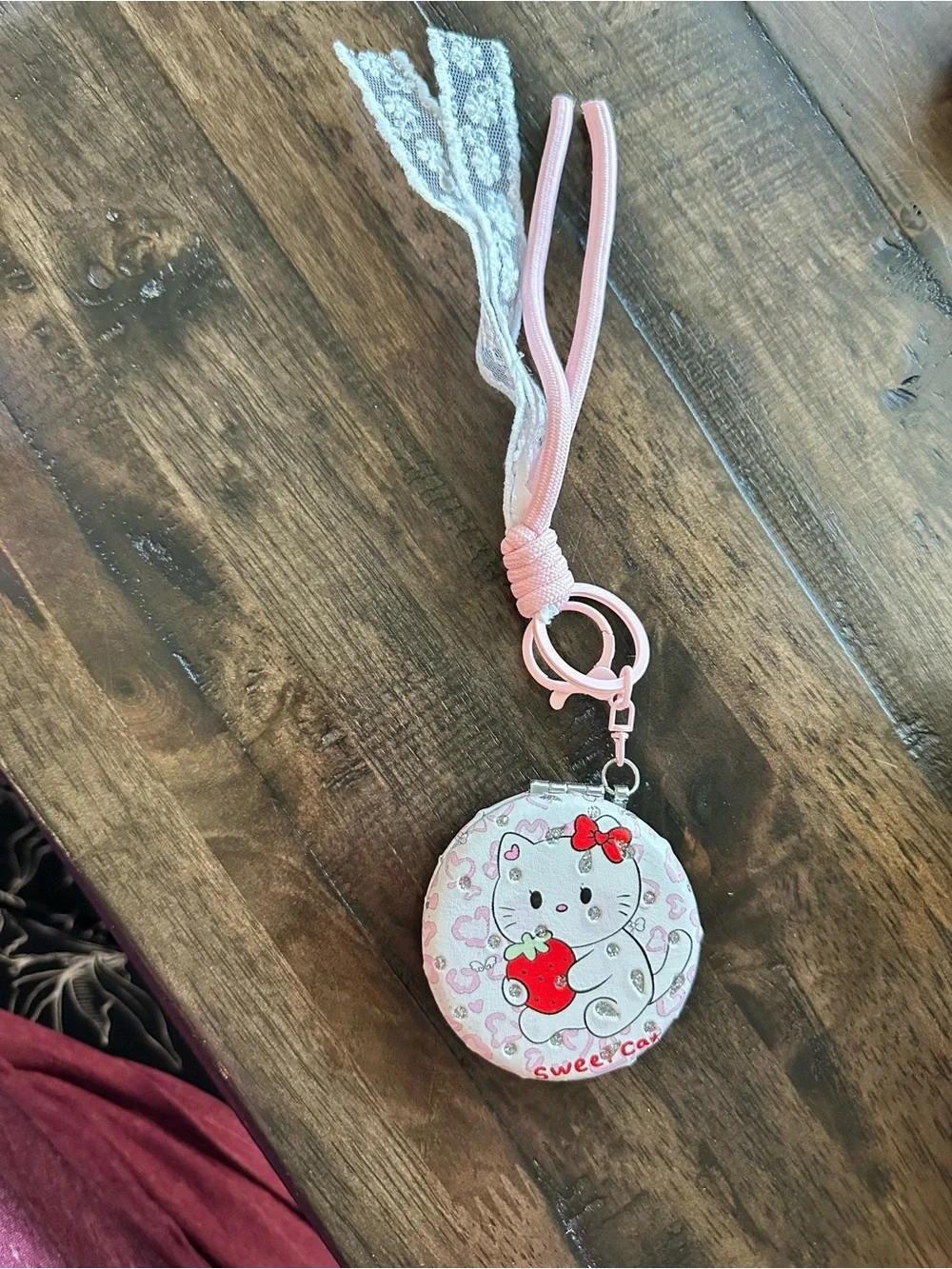 NWOT Sanrio Style Strawberry Kitty Pocket Mirror Keychain Lace & Rhinestone